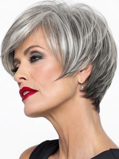 Real Hair Wigs Grey Monofilament Short 6" With Bangs Wigs