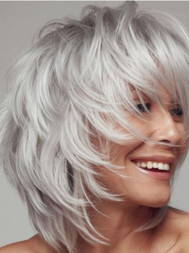 Grey Wigs For Seniors With Bangs 10" Straight Chin Length Wigs