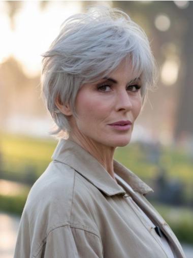 Short Grey Wigs For Women Wavy With Bangs 4" Monofilament Wigs