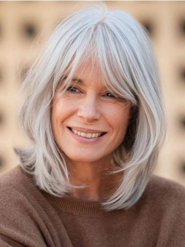 Trendy Grey Wigs Monofilament With Bangs Remy Human Hair Wavy Wigs