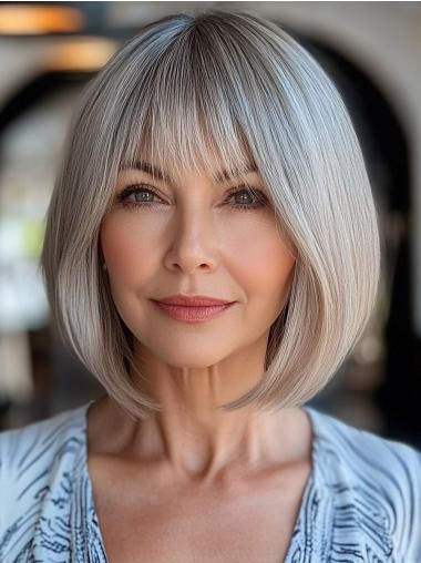 Grey Hair Wigs Human Monofilament Chin Length 10" With Bangs Wigs