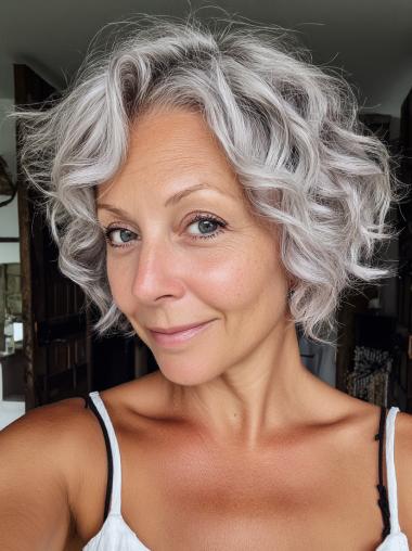 Short Hair Grey Wigs Curly Bobs 8" Monofilament Wigs