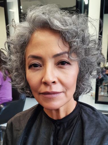 Human Hair Wig Grey Lace Front Short 8" Layered Wigs