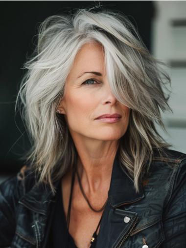 Human Hair Silver Grey Wigs Lace Front Shoulder Length 14" Layered Wigs