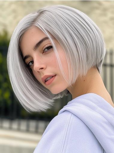 Women Grey Wig Monofilament Bobs Remy Human Hair Straight Wigs