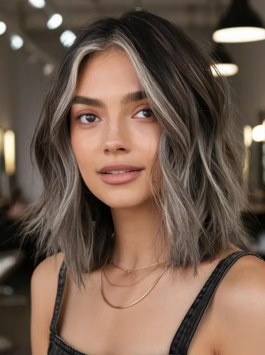 Wigs Grey Hair Bobs 14" Monofilament Wavy Shoulder Length Wigs