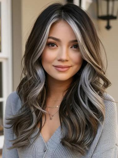 Grey Wig Long Layered Wavy Remy Human Hair Lace Front Wigs