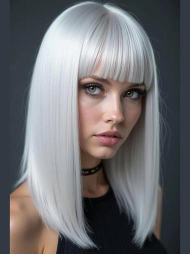 Ladies Grey Wig With Bangs 14" Straight Remy Human Hair Wigs