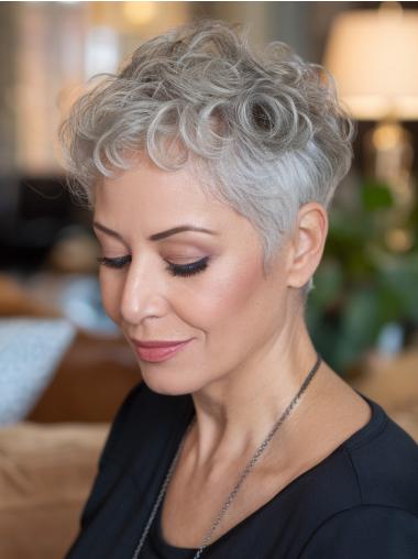 Grey Short Hair Wigs Curly Boycuts 4" Monofilament Wigs