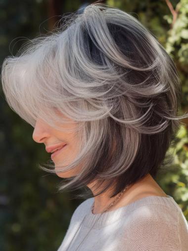 Realistic Grey Wig Chin Length 10" Layered Monofilament Wigs