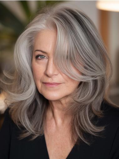 Mixed Grey Wigs Layered 14" Monofilament Wavy Shoulder Length Wigs