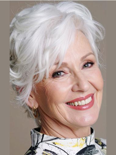 Grey Pixie Cut Wigs Wavy With Bangs 6" Monofilament Wigs