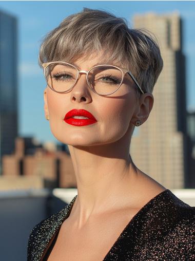 Human Hair Wigs Grey Color Cropped 4" With Bangs Monofilament Wigs