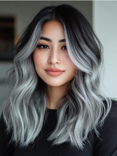 Grey Wigs Long Hair Layered Wavy Remy Human Hair Monofilament Wigs