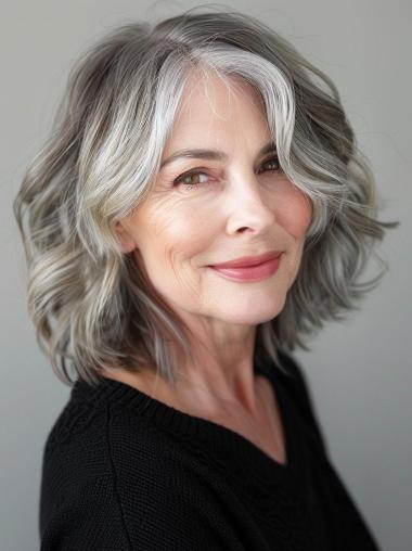 Grey Wigs For Older Women 12" Layered Shoulder Length Synthetic Wigs