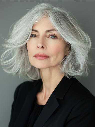 Shoulder Length Grey Wig Monofilament 12" Remy Human Hair Bobs Wigs