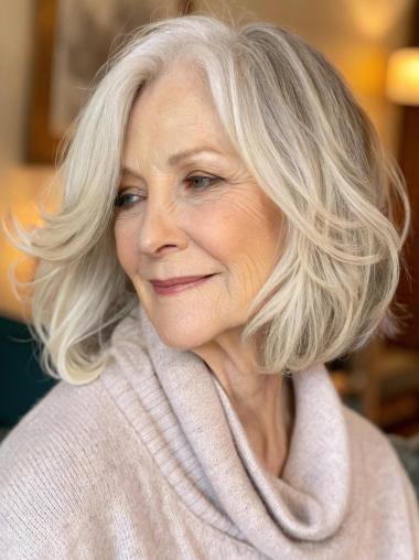 Grey Wigs For Elderly Ladies 12" Monofilament Remy Human Hair Wavy Wigs
