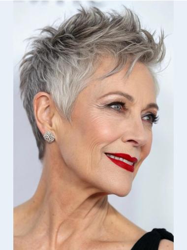 Wigs Human Hair Grey Cropped 4" Boycuts Monofilament Wigs