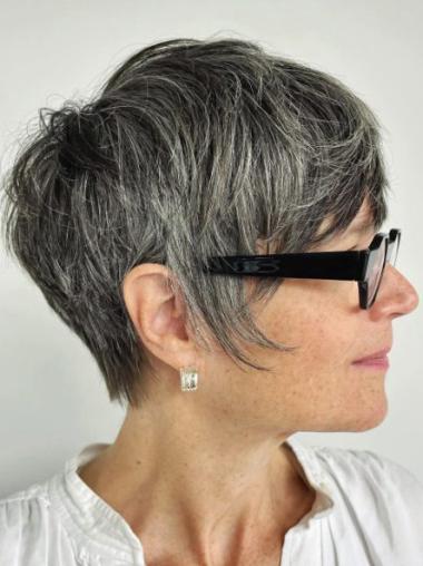 Short Silver Grey Wig Monofilament Wavy With Bangs Synthetic Wigs