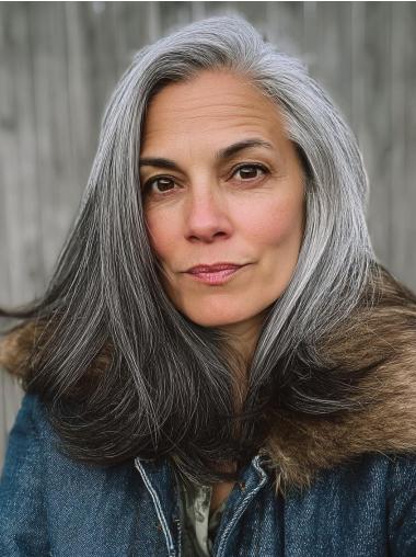 Grey Wigs Long Hair Remy Human Hair 16" Lace Front Layered Wigs