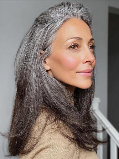Grey Wigs For Older Women Layered 16" Lace Front Straight Long Wigs