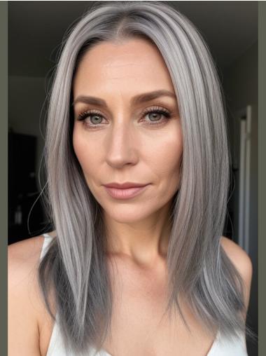 Long Straight Grey Wig Synthetic 16" Monofilament Layered Wigs