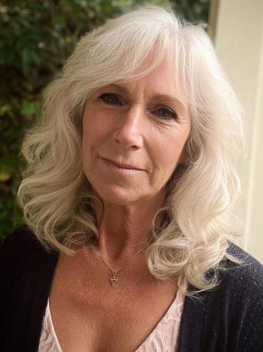 Medium Length Grey Wigs Monofilament 14" Human Hair With Bangs Wigs