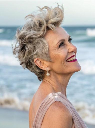 Grey Short Hair Wig For Women Monofilament Wavy Boycuts Synthetic Wigs