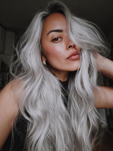 Ladies Silver Grey Wigs Remy Human Hair 20" Lace Front Layered Wigs
