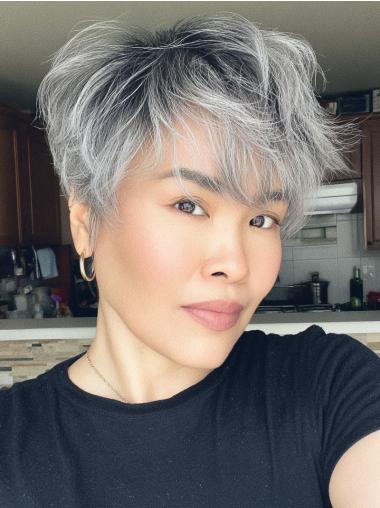 Grey Old Lady Wigs 6" Wavy Remy Human Hair With Bangs Wigs