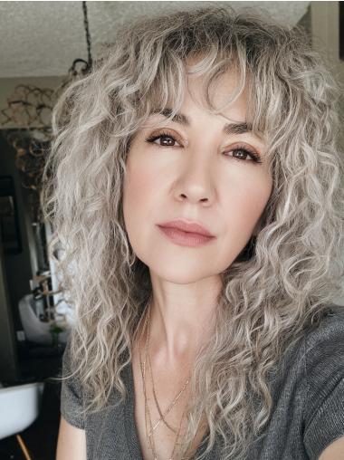 Long Grey Curly Wig Synthetic 16" Lace Front With Bangs Wigs