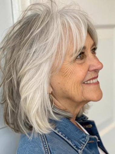 Womens Grey Hair Wigs Bobs 12" Straight Shoulder Length Wigs