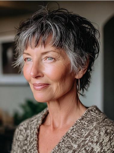 Women'S Short Wigs Grey Monofilament Wavy With Bangs Synthetic Wigs