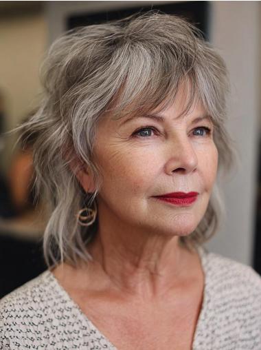 Grey Hair Wigs With Bangs 10" Monofilament Wavy Chin Length Wigs