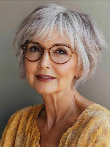 Synthetic Grey Wigs With Bangs 8" Monofilament Straight Short Wigs