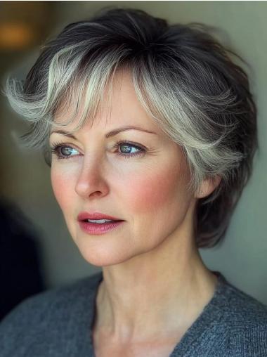 Grey Synthetic Wigs With Bangs 8" Monofilament Wavy Short Wigs