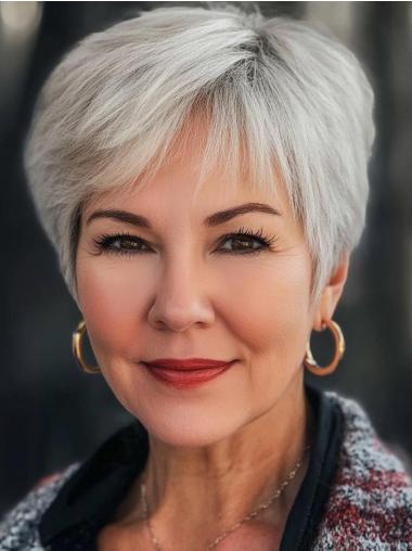 Short Silver Grey Wigs Monofilament Straight With Bangs 6" Wigs
