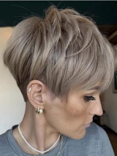 Grey Human Hair Wig Short 6" With Bangs Monofilament Wigs