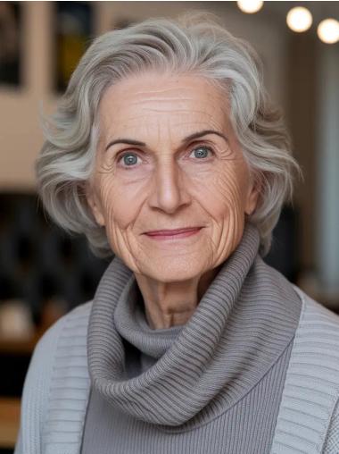 Human Hair Grey Wigs Short 8" Bobs Monofilament Wigs