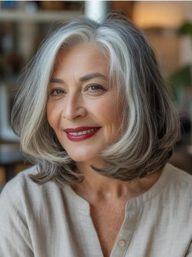 Grey Medium Length Wigs Lace Front 12" Remy Human Hair Bobs Wigs