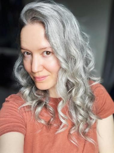 Grey Human Hair Wigs Women Long 16" Layered Monofilament Wigs