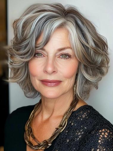 Synthetic Wig Grey Layered 10" Monofilament Wavy Chin Length Wigs