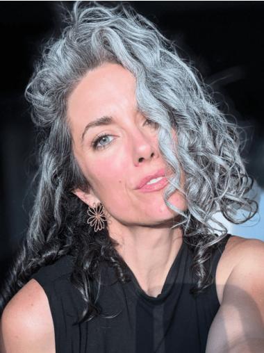 Grey Hair Medium Length Wigs Lace Front 14" Human Hair Layered Wigs