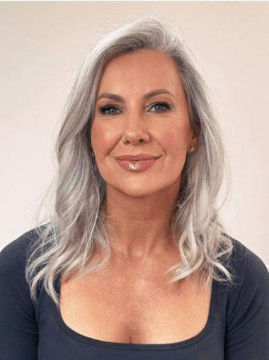 Grey Wigs Older Women 16" Wavy Remy Human Hair Layered Wigs