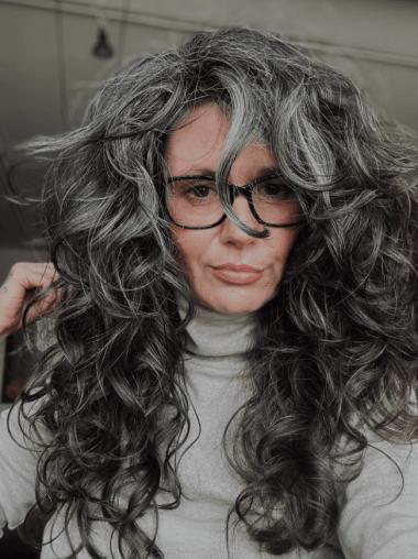 Grey Long Curly Wig Remy Human Hair 20" Lace Front Layered Wigs