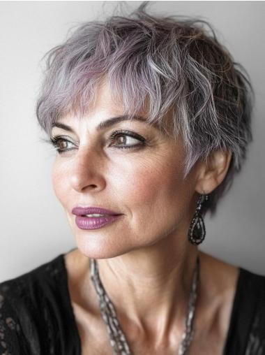 Womens Short Grey Hair Wigs Lace Front Wavy With Bangs Synthetic Wigs