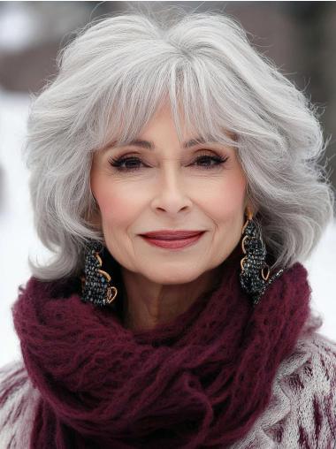Real Hair Grey Wigs Chin Length 10" With Bangs Monofilament Wigs
