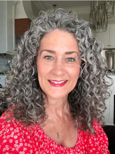 Long Curly Grey Hair Remy Human Hair 16" Lace Front Layered Wigs