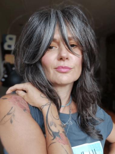 Salt And Pepper Grey Hair Wigs 16" Wavy Synthetic With Bangs Wigs