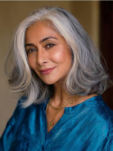 Medium Length Grey Hair Wigs Lace Front 14" Human Hair Layered Wigs